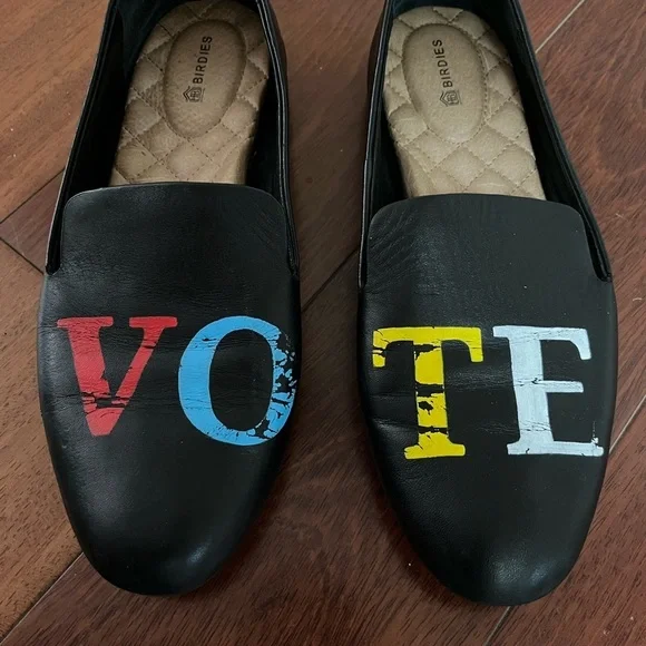 BIRDIES Limited Edition VOTE black leather loafers flats Womens Sz 7.5